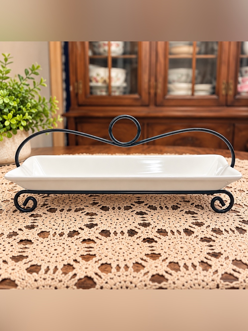 Ceramic Serving Tray with Wrought Iron Stand
